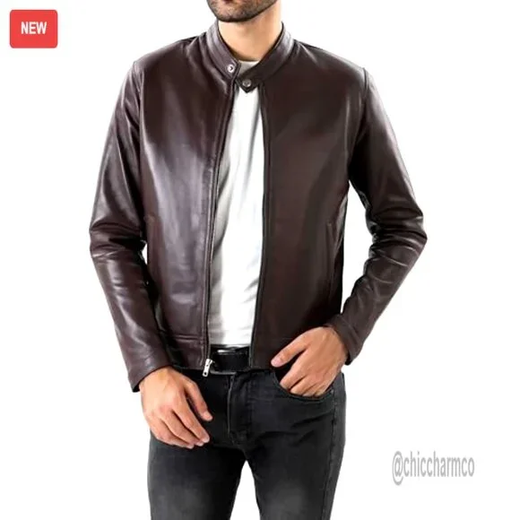 Men's Lambskin Leather Motorcycle Jacket Snap Tab Collar Quilted Lining